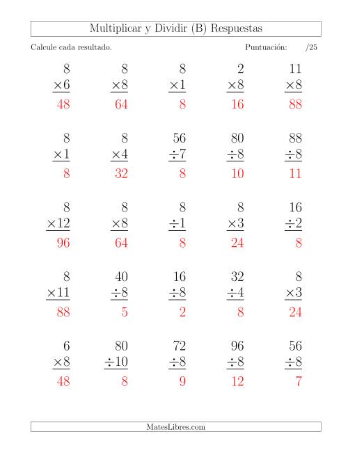 La hoja de ejercicios de Multiplicar y Dividir por 8, Formato Grande, 25 Ejercicios por Página (B) Página 2
