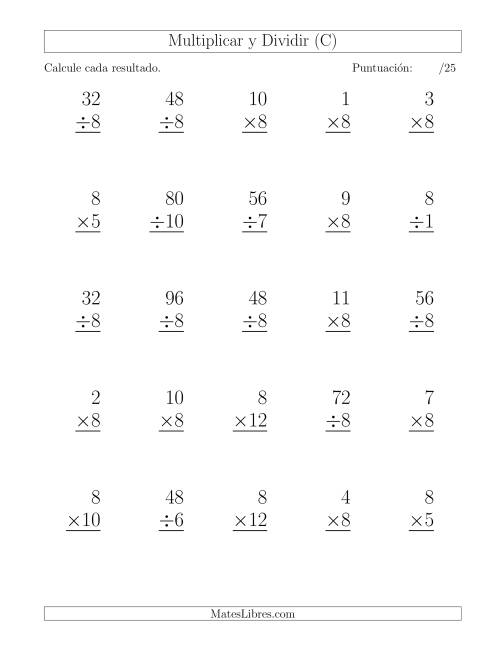 La hoja de ejercicios de Multiplicar y Dividir por 8, Formato Grande, 25 Ejercicios por Página (C)