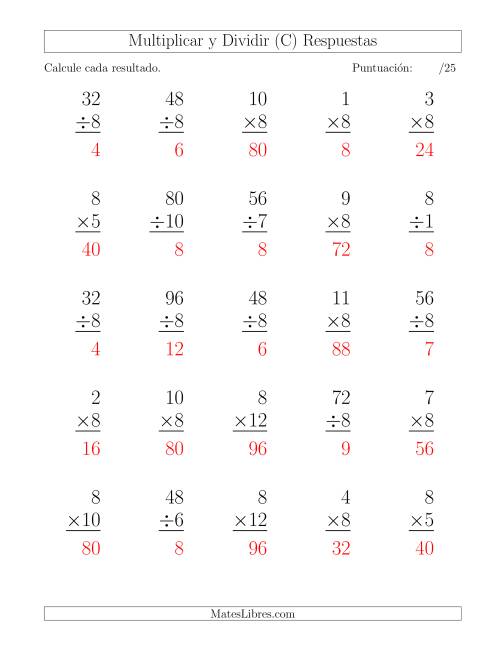La hoja de ejercicios de Multiplicar y Dividir por 8, Formato Grande, 25 Ejercicios por Página (C) Página 2