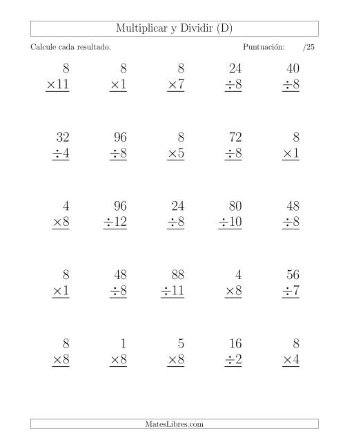 La hoja de ejercicios de Multiplicar y Dividir por 8, Formato Grande, 25 Ejercicios por Página (D)