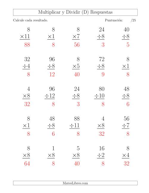 La hoja de ejercicios de Multiplicar y Dividir por 8, Formato Grande, 25 Ejercicios por Página (D) Página 2