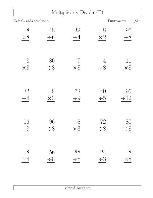 La hoja de ejercicios de Multiplicar y Dividir por 8, Formato Grande, 25 Ejercicios por Página (E)