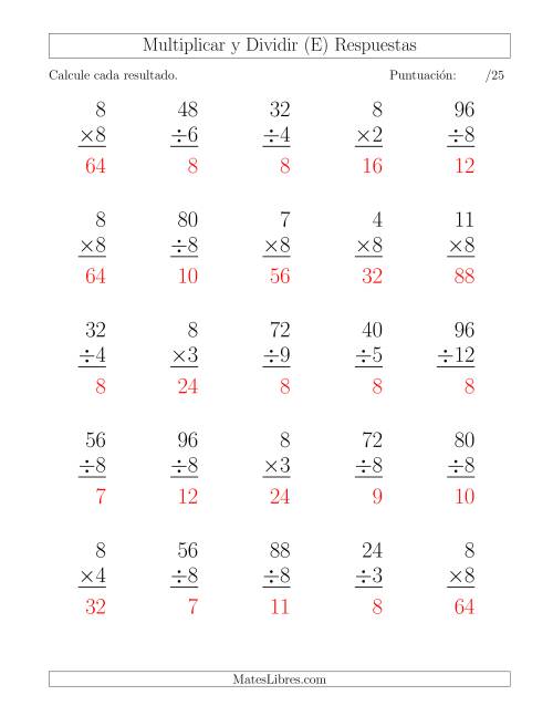 La hoja de ejercicios de Multiplicar y Dividir por 8, Formato Grande, 25 Ejercicios por Página (E) Página 2