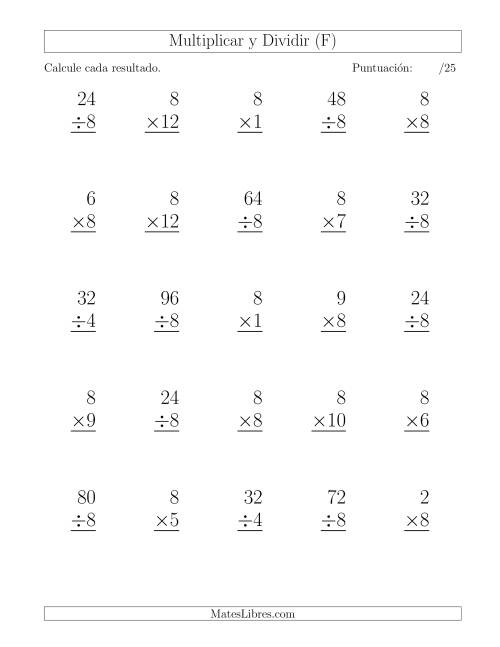 La hoja de ejercicios de Multiplicar y Dividir por 8, Formato Grande, 25 Ejercicios por Página (F)