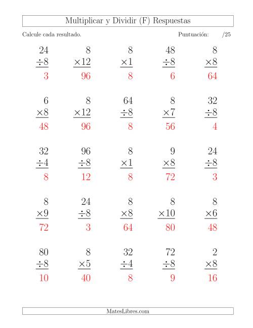La hoja de ejercicios de Multiplicar y Dividir por 8, Formato Grande, 25 Ejercicios por Página (F) Página 2