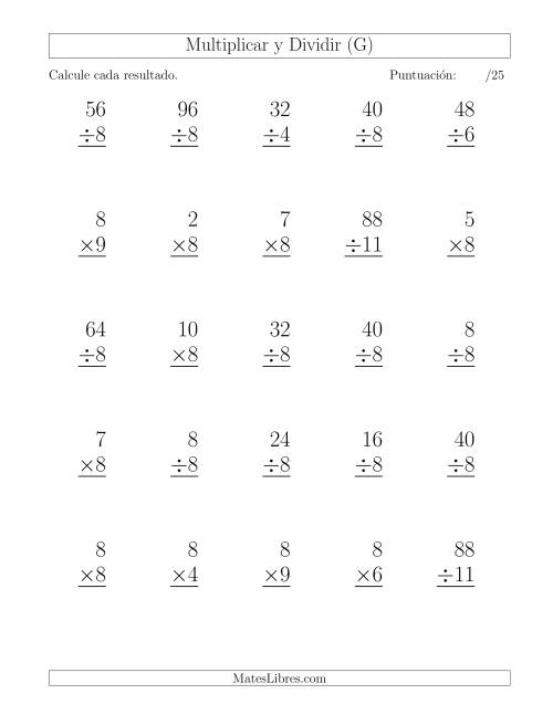 La hoja de ejercicios de Multiplicar y Dividir por 8, Formato Grande, 25 Ejercicios por Página (G)
