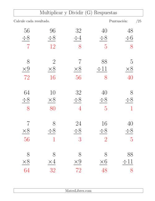 La hoja de ejercicios de Multiplicar y Dividir por 8, Formato Grande, 25 Ejercicios por Página (G) Página 2