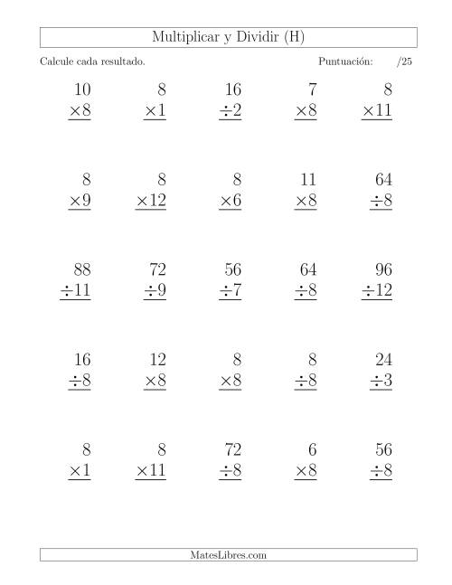 La hoja de ejercicios de Multiplicar y Dividir por 8, Formato Grande, 25 Ejercicios por Página (H)
