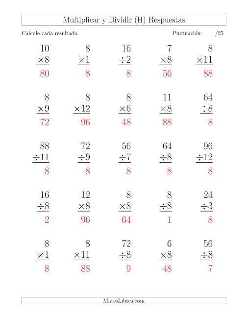 La hoja de ejercicios de Multiplicar y Dividir por 8, Formato Grande, 25 Ejercicios por Página (H) Página 2