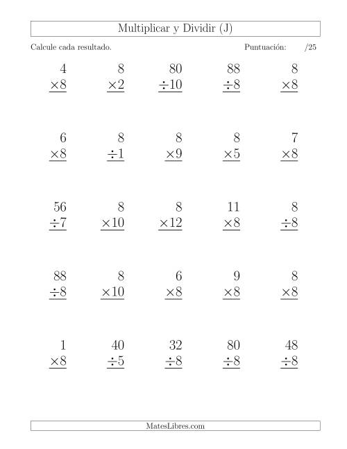 La hoja de ejercicios de Multiplicar y Dividir por 8, Formato Grande, 25 Ejercicios por Página (J)