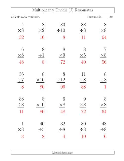 La hoja de ejercicios de Multiplicar y Dividir por 8, Formato Grande, 25 Ejercicios por Página (J) Página 2