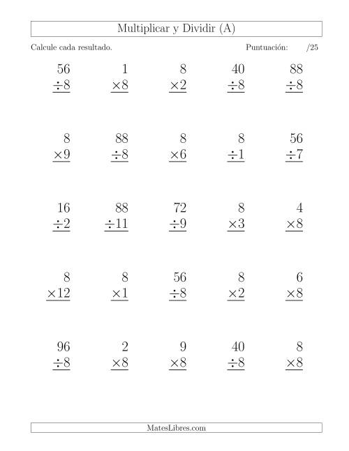 La hoja de ejercicios de Multiplicar y Dividir por 8, Formato Grande, 25 Ejercicios por Página (Todas)