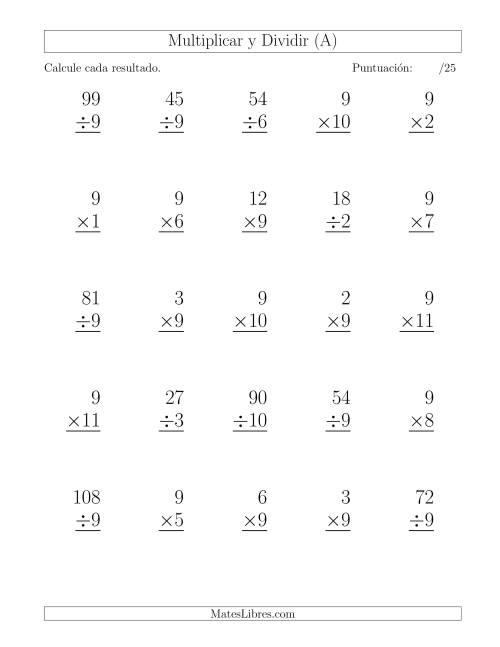 La hoja de ejercicios de Multiplicar y Dividir por 9, Formato Grande, 25 Ejercicios por Página (A)