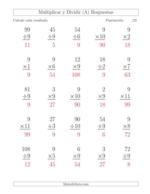 La hoja de ejercicios de Multiplicar y Dividir por 9, Formato Grande, 25 Ejercicios por Página (A) Página 2