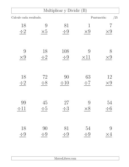 La hoja de ejercicios de Multiplicar y Dividir por 9, Formato Grande, 25 Ejercicios por Página (B)