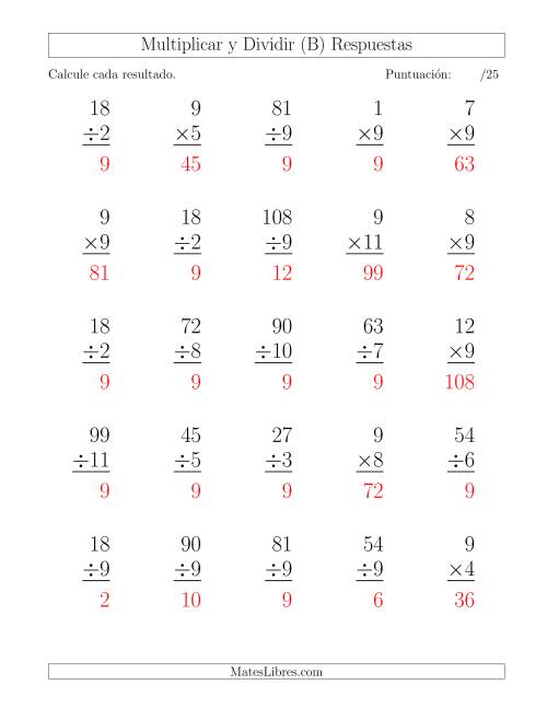 La hoja de ejercicios de Multiplicar y Dividir por 9, Formato Grande, 25 Ejercicios por Página (B) Página 2