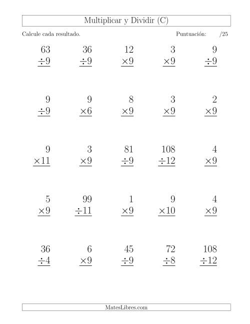 La hoja de ejercicios de Multiplicar y Dividir por 9, Formato Grande, 25 Ejercicios por Página (C)