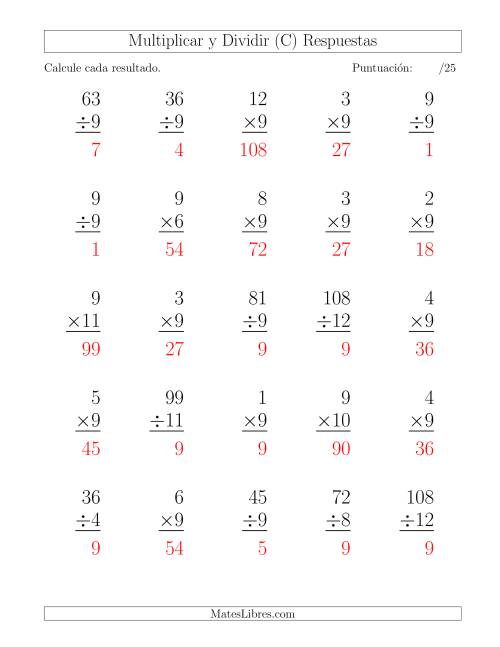 La hoja de ejercicios de Multiplicar y Dividir por 9, Formato Grande, 25 Ejercicios por Página (C) Página 2
