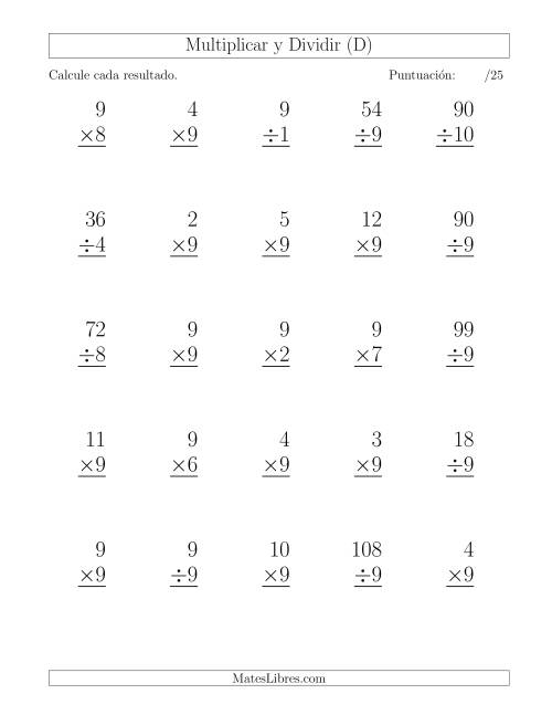 La hoja de ejercicios de Multiplicar y Dividir por 9, Formato Grande, 25 Ejercicios por Página (D)