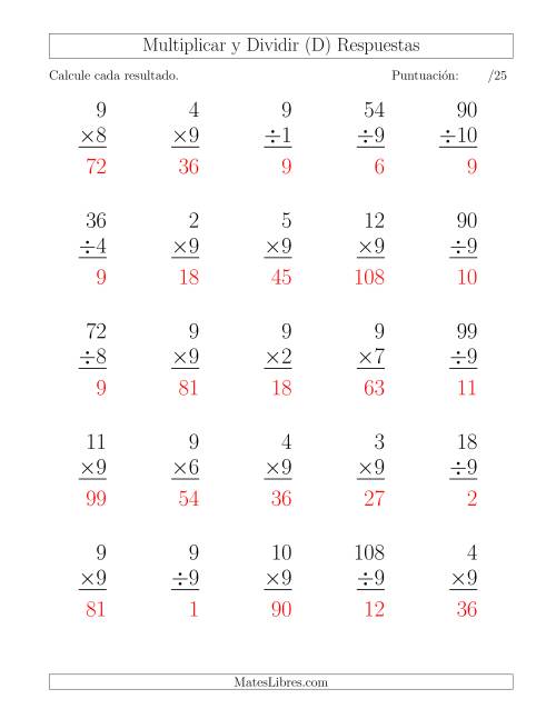 La hoja de ejercicios de Multiplicar y Dividir por 9, Formato Grande, 25 Ejercicios por Página (D) Página 2