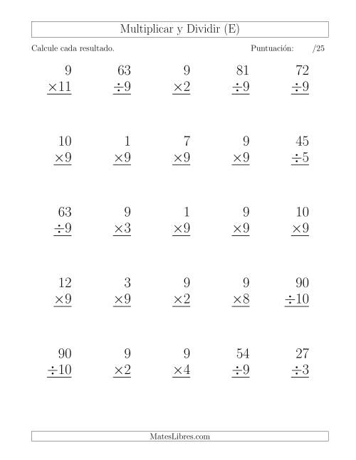 La hoja de ejercicios de Multiplicar y Dividir por 9, Formato Grande, 25 Ejercicios por Página (E)