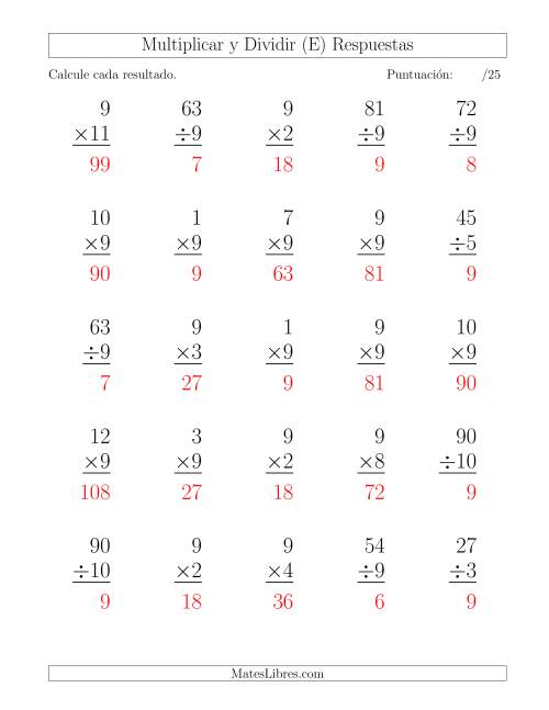 La hoja de ejercicios de Multiplicar y Dividir por 9, Formato Grande, 25 Ejercicios por Página (E) Página 2