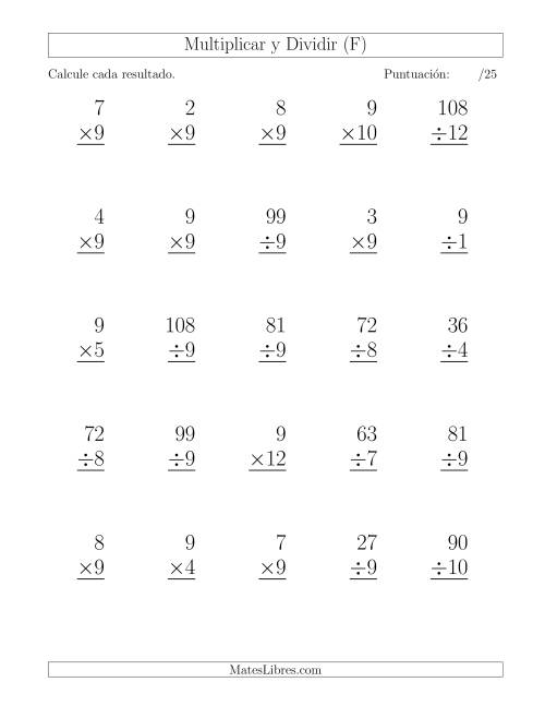 La hoja de ejercicios de Multiplicar y Dividir por 9, Formato Grande, 25 Ejercicios por Página (F)