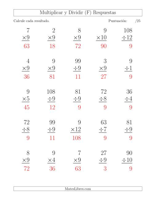 La hoja de ejercicios de Multiplicar y Dividir por 9, Formato Grande, 25 Ejercicios por Página (F) Página 2