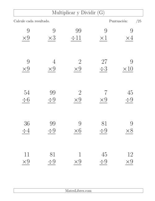 La hoja de ejercicios de Multiplicar y Dividir por 9, Formato Grande, 25 Ejercicios por Página (G)