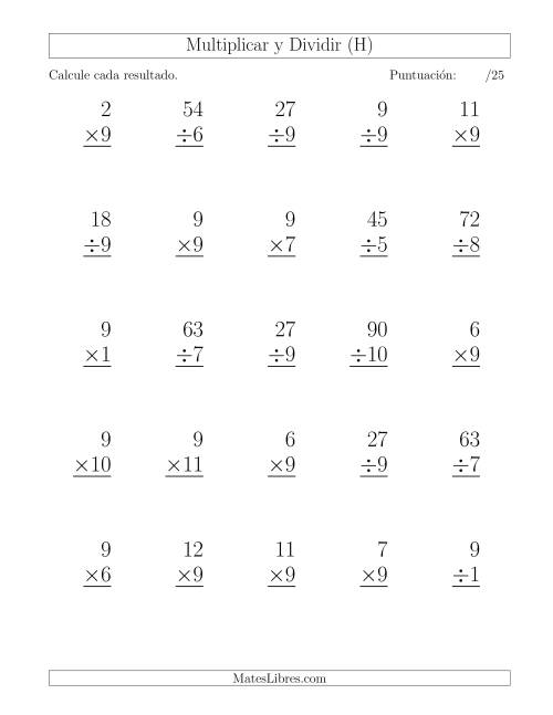 La hoja de ejercicios de Multiplicar y Dividir por 9, Formato Grande, 25 Ejercicios por Página (H)