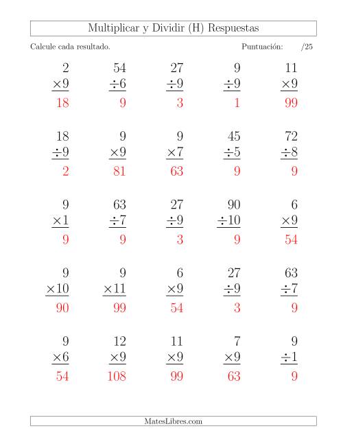 La hoja de ejercicios de Multiplicar y Dividir por 9, Formato Grande, 25 Ejercicios por Página (H) Página 2