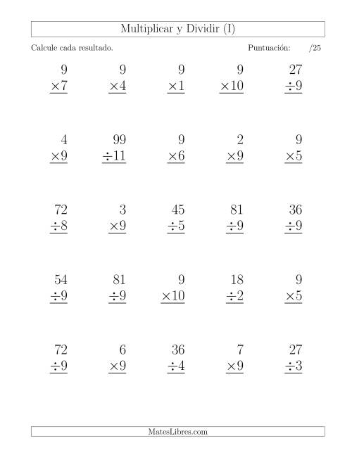 La hoja de ejercicios de Multiplicar y Dividir por 9, Formato Grande, 25 Ejercicios por Página (I)
