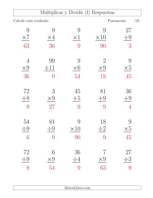 La hoja de ejercicios de Multiplicar y Dividir por 9, Formato Grande, 25 Ejercicios por Página (I) Página 2