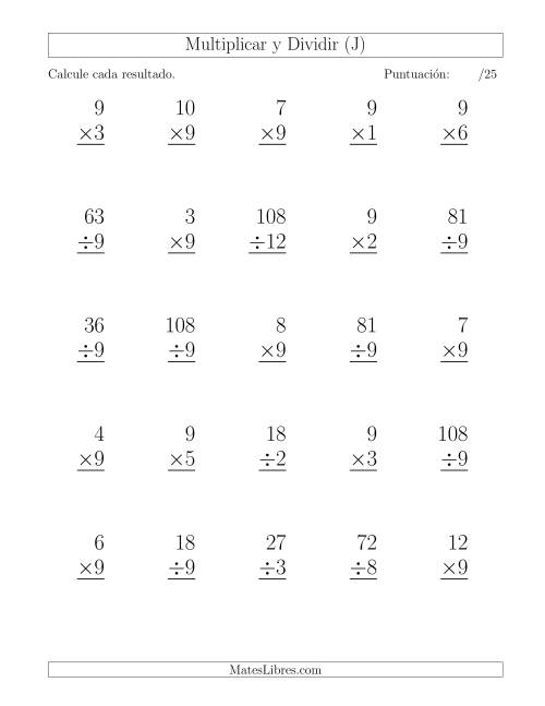 La hoja de ejercicios de Multiplicar y Dividir por 9, Formato Grande, 25 Ejercicios por Página (J)