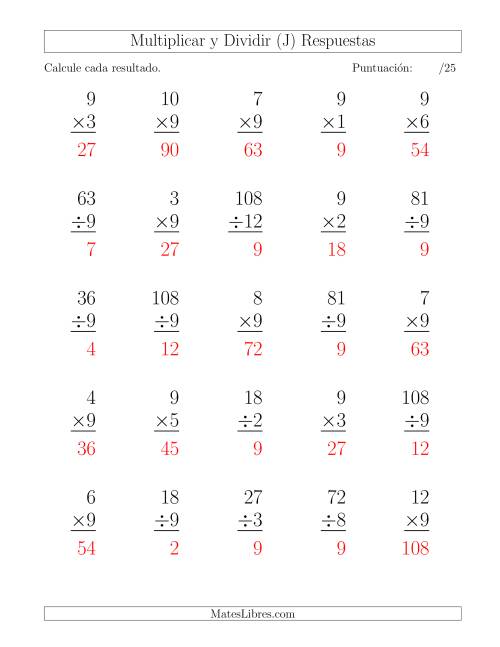 La hoja de ejercicios de Multiplicar y Dividir por 9, Formato Grande, 25 Ejercicios por Página (J) Página 2