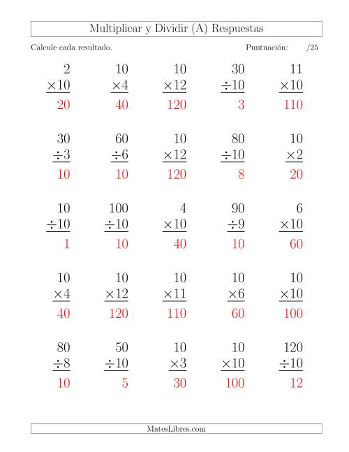 La hoja de ejercicios de Multiplicar y Dividir por 10, Formato Grande, 25 Ejercicios por Página (A) Página 2