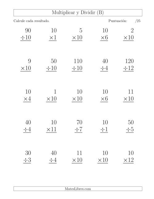 La hoja de ejercicios de Multiplicar y Dividir por 10, Formato Grande, 25 Ejercicios por Página (B)