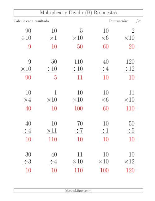 La hoja de ejercicios de Multiplicar y Dividir por 10, Formato Grande, 25 Ejercicios por Página (B) Página 2