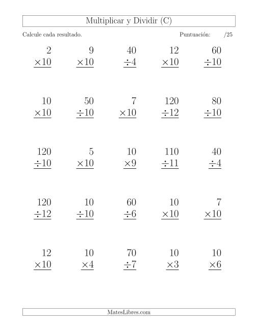 La hoja de ejercicios de Multiplicar y Dividir por 10, Formato Grande, 25 Ejercicios por Página (C)