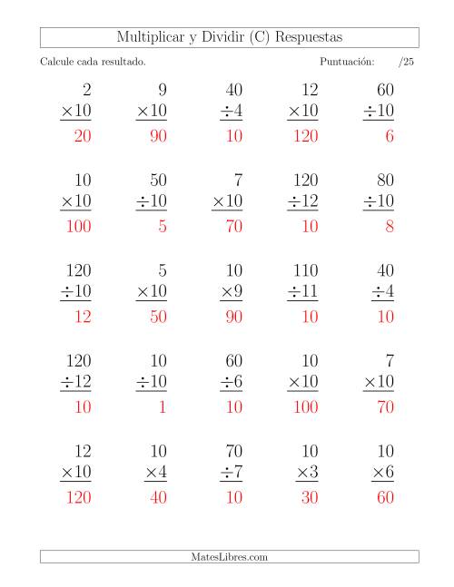 La hoja de ejercicios de Multiplicar y Dividir por 10, Formato Grande, 25 Ejercicios por Página (C) Página 2