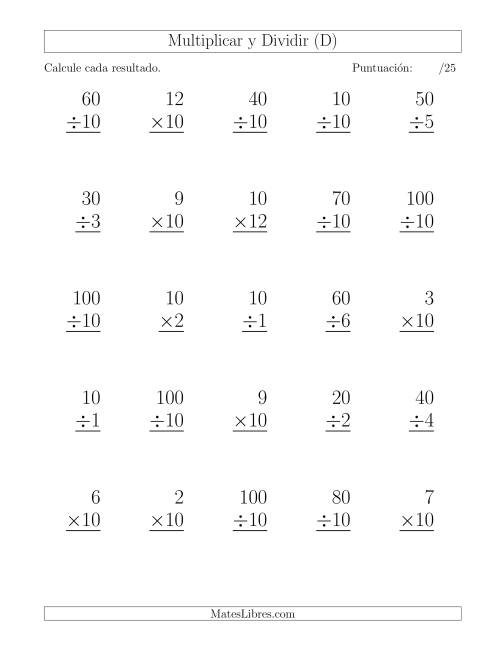 La hoja de ejercicios de Multiplicar y Dividir por 10, Formato Grande, 25 Ejercicios por Página (D)