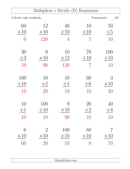 La hoja de ejercicios de Multiplicar y Dividir por 10, Formato Grande, 25 Ejercicios por Página (D) Página 2