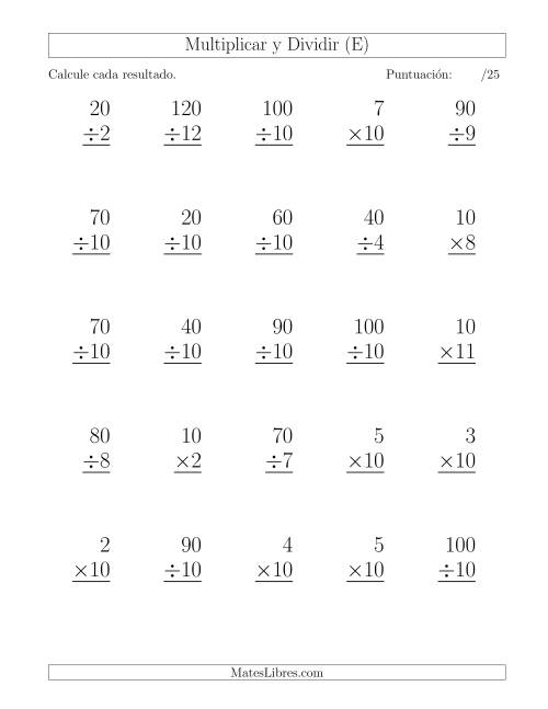La hoja de ejercicios de Multiplicar y Dividir por 10, Formato Grande, 25 Ejercicios por Página (E)