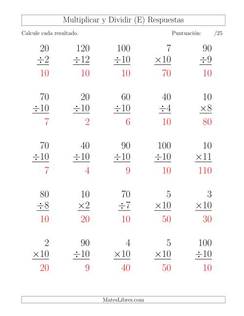 La hoja de ejercicios de Multiplicar y Dividir por 10, Formato Grande, 25 Ejercicios por Página (E) Página 2