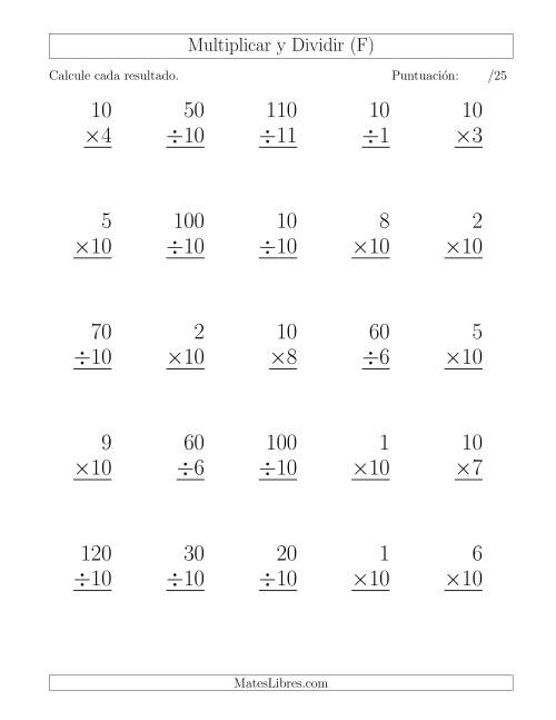 La hoja de ejercicios de Multiplicar y Dividir por 10, Formato Grande, 25 Ejercicios por Página (F)