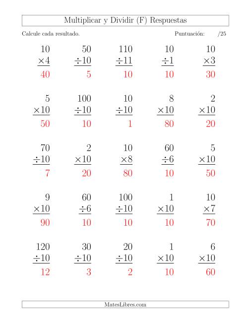 La hoja de ejercicios de Multiplicar y Dividir por 10, Formato Grande, 25 Ejercicios por Página (F) Página 2