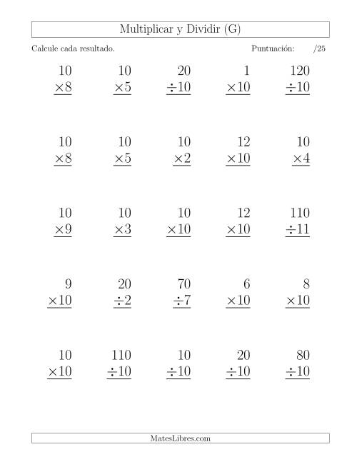 La hoja de ejercicios de Multiplicar y Dividir por 10, Formato Grande, 25 Ejercicios por Página (G)