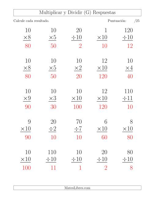 La hoja de ejercicios de Multiplicar y Dividir por 10, Formato Grande, 25 Ejercicios por Página (G) Página 2