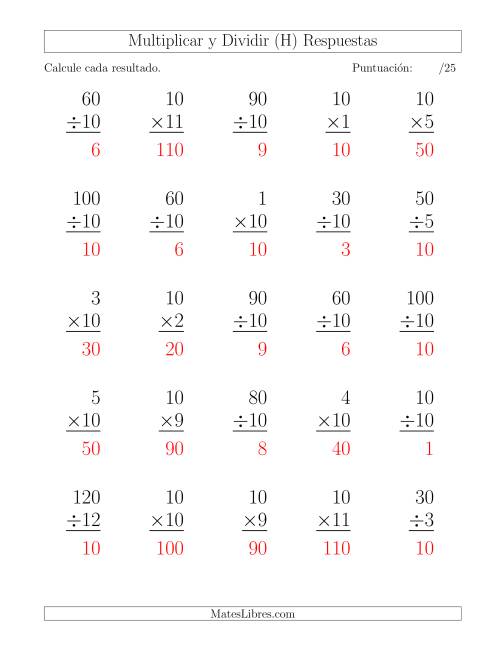 La hoja de ejercicios de Multiplicar y Dividir por 10, Formato Grande, 25 Ejercicios por Página (H) Página 2