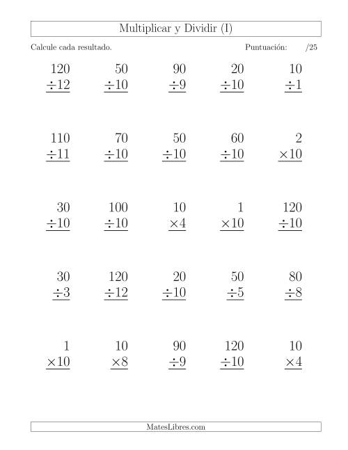 La hoja de ejercicios de Multiplicar y Dividir por 10, Formato Grande, 25 Ejercicios por Página (I)